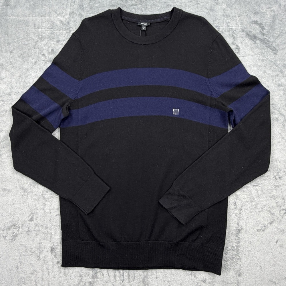 Express Mens Medium Merino Wool Sweater Black Blue Stripe Crewneck NWT